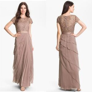 Adrianna Papell Gown Lace Bodice Chiffon Flutter Ruffled Tiered Taupe size 2